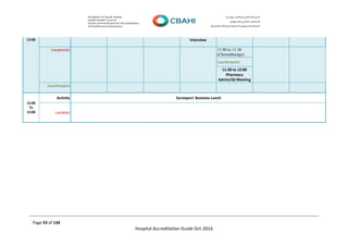 Page 53 of 134
Hospital Accreditation Guide Oct-2016
12:00 Interview
Location(s) 11:00 to 11:30
(Chemotherapy)
Counterparts:
11:30 to 12:00
Pharmacy
Admin/QI Meeting
Counterparts
12:00
To
13:00
Activity Surveyors' Business Lunch
Location
 