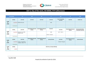 Page 54 of 134
Hospital Accreditation Guide Oct-2016
DAY 2, Day of the week, DD MMM, YYYY (Afternoon)
Time/Activity LD MD NR IC MM LB FMS
13:00
To
14:00
Activity Unit Visit Unit Visit Unit Visit Unit Visit
P and T Committee
Interview
Unit Visit Facility Tour
Location(s) (Medical Records (OR)
Counterparts
14:00
To
15:00
Activity Unit Visit
Closed Medical Records
Review
Closed Medical Records
Review
Unit Visit
Unit Visit
Closed Medical Records
Review
Environmental Safety
Committee Interview
Location(s) (Inpatient Unit/ OPD/
Hospital Tour)
(ER)
(Dental / Kitchen)
(ICU / NICU)
Counterparts
15:00
To
16:00
Activity Unit Visit
Closed Medical Records
Review
Closed Medical Records
Review Contract Review Unit Visit
Closed Medical Records
Review
Contract Review
Location(s) (Finance / Purchasing /
Academic Affairs / IT)
( Medical /Surgical)
Counterparts
16:00
To
17:00
Activity Data Entry / Surveyor Meeting
Location
 