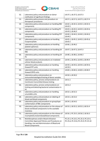Page 79 of 134
Hospital Accreditation Guide Oct-2016
52. Laboratory policy and procedure on donor
notification of significant findings
LB.37.1, LB.37.2, LB.37.3
53. Laboratory policy process and procedure on
therapeutic procedures
LB.57.1, LB.57.2, LB.57.3, LB.57.4
54. Laboratory policy and procedure on handling RBC
components
LB.42.1, LB.42.2, LB.42.3, LB.42.4,
LB.42.5
55. Laboratory policy and procedure on handling PC
components
LB.43.1, LB.43.2, LB.43.3, LB.43.4,
LB.43.5, LB.46.3
56. Laboratory policy and procedure on handling FFP
components
LB.44.1, LB.44.2, LB.44.3, LB.44.4,
LB.44.5
57. Laboratory policy and procedures on handling
Cryoprecipitate
LB.45.1, LB.45.2, LB.45.3, LB.45.4,
LB.45.5
58. Laboratory policy and procedures on handling
platelet apheresis
LB.46.1, LB.46.2
59. Laboratory policy and procedures on handling LR-
RBC
LB.47.1, LB.47.2, LB.47.3
60. Laboratory policy and procedures on handling LR-
PC
LB.48.1, LB.48.2, LB.48.3
61. Laboratory policy and procedures on irradiated
cellular blood products
LB.49.1, LB.49.2, LB.49.3, LB.49.4
62. Laboratory policy and procedure on handling
thawed FFP units
LB.59.1, LB.59.2, LB.59.3, LB.59.4,
LB.59.5
63. Laboratory policy and procedure on handling
thawed CRYO units
LB.60.1, LB.60.2, LB.60.3, LB.60.4
64. Laboratory policy and procedure on
immunohematological testing of donor samples
LB.50.1, LB.50.2
65. Laboratory policy, process and procedures on
transfusion transmitted disease testing
LB.51.1
66. Laboratory policy, process and procedures on
limiting and detecting bacterial contamination in
PC
LB.51.2
67. Laboratory policy and procedure on handling
unsuitable units
LB.52.1, LB.52.2
68. Laboratory policy and procedure on labeling of
blood and blood components
LB.53.1, LB.53.2
69. Laboratory policy and procedure on group/type
conformation of RBC components
LB.54.1, LB.54.2
70. Laboratory policy and procedure on the release of
blood and blood components to the available
inventory
LB.55.1, LB.55.2, LB.55.3, LB.55.4
71. Laboratory policy and procedure on the release of
incompletely tested blood/blood components
LB.56.1, PC.25.5, LB.56.2, LB.56.3
72. Multidisciplinary and/or Blood Utilization
Committee Approved Policies and Procedures on
Handling, Use and Administration of Blood and
Blood Components
PC.25.1, PC.25.2, PC.25.3, PC.25.4,
PC.25.6, PC.25.8, PC.25.9, PC.25.10
 