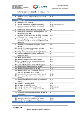 Page 82 of 134
Hospital Accreditation Guide Oct-2016
Laboratory Surveyor (Units Documents)
Patient Care Unit
1. POCT QC, training and competency assessment
records
LB.28.1
General Lab
2. Laboratory Staff Schedule LB.1.3
3. Records of approving exceptions to policies LB.16.1, LB.16.2, LB.16.3
4. Laboratory safety and infection control audit
reports
LB.17.3
5. Sample of Hazardous Materials Inventory List FMS.14.2
6. Computer or paper record of complete audit trail
(who perform the task)
LB.4.1
7. Computer or paper records of complete audit trail
(When and where the task performed)
LB.4.2
8. Laboratory personnel training and competency
assessment records on newly acquired equipment
or method
LB.5.1
9. Safe Operation of Medical Equipment Training
Records
FMS.27.1
10. Records of receipt, inspection, and testing of
incoming critical material and service
LB.6.1
11. Computer or paper records of tracing materials LB.6.2
12. Reagents and materials storage temperature
monitoring record
LB.7.2
13. Water testing records LB.7.3
14. Laboratory equipment selection records LB.8.1
15. laboratory equipment receipt, installation and
identification records
LB.8.2
16. Evidence for Qualification of Medical Suppliers LD.23.2
17. Laboratory equipment validation records LB.9.1
18. Laboratory method validation records LB.10.1
19. Laboratory records of establishing/validating
reference ranges and cut off values
LB.11.1
20. Laboratory instruments standardization records LB.12.1
21. Laboratory methods/instruments correlation
records
LB.13.1
22. Laboratory methods/instruments quality control
records
LB.14.1
23. Proficiency Testing Reports LB.32.1
24. Computer or paper lab report LB.24.1
25. Records and report of critical lab results LB.25.1, LB.25.2
26. Records and reports corrected/amended lab
results
LB.26.1
27. Reference lab agreement, reports and records of
send-out tests
LB.27.1
Sample Collection/Reception
28. Laboratory specimen receipt/reject records LB.21.1
29. Records of accepting sub-optimal specimens LB.23.1
Donor Collection
 