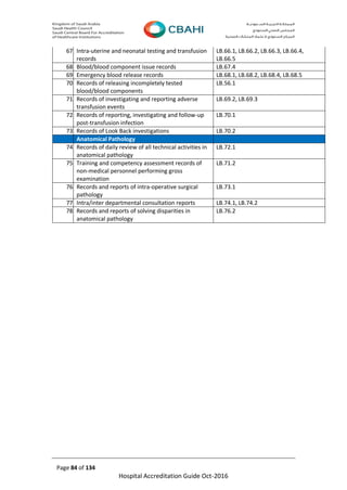 Page 84 of 134
Hospital Accreditation Guide Oct-2016
67. Intra-uterine and neonatal testing and transfusion
records
LB.66.1, LB.66.2, LB.66.3, LB.66.4,
LB.66.5
68. Blood/blood component issue records LB.67.4
69. Emergency blood release records LB.68.1, LB.68.2, LB.68.4, LB.68.5
70. Records of releasing incompletely tested
blood/blood components
LB.56.1
71. Records of investigating and reporting adverse
transfusion events
LB.69.2, LB.69.3
72. Records of reporting, investigating and follow-up
post-transfusion infection
LB.70.1
73. Records of Look Back investigations LB.70.2
Anatomical Pathology
74. Records of daily review of all technical activities in
anatomical pathology
LB.72.1
75. Training and competency assessment records of
non-medical personnel performing gross
examination
LB.71.2
76. Records and reports of intra-operative surgical
pathology
LB.73.1
77. Intra/inter departmental consultation reports LB.74.1, LB.74.2
78. Records and reports of solving disparities in
anatomical pathology
LB.76.2
 
