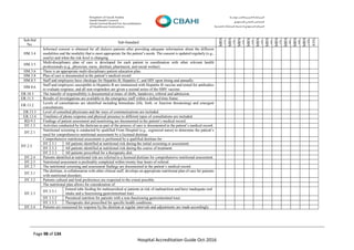 Page 98 of 134
Hospital Accreditation Guide Oct-2016
Sub-Std
No.
Sub-Standard
MRN
(1)
MRN
(2)
MRN
(3)
MRN
(4)
MRN
(5)
MRN
(6)
MRN
(7)
MRN
(8)
MRN
(9)
MRN
(10)
AVG
HM.3.4
Informed consent is obtained for all dialysis patients after providing adequate information about the different
modalities and the modality that is most appropriate for the patient’s needs. The consent is updated regularly (e.g.,
yearly) and when the risk level is changing.
HM.3.5
Multi-disciplinary plan of care is developed for each patient in coordination with other relevant health
professionals (e.g., physician, nurse, dietitian, pharmacist, and social worker).
HM.3.6 There is an appropriate multi-disciplinary patient education plan.
HM.3.8 Plan of care is documented in the patient’s medical record
HM.8.5 Staff and employees have checkups for Hepatitis B, Hepatitis C, and HIV upon hiring and annually.
HM.8.6
Staff and employees susceptible to Hepatitis B are immunized with Hepatitis B vaccine and tested for antibodies
to evaluate response, and all non-responders are given a second series of the HBV vaccine.
ER.10.3 The transfer of responsibility is documented at times of shifts, handovers, referral and admission.
ER.11.3 Results of investigations are available to the emergency staff within a defined time frame.
ER.13.2
Levels of consultations are identified including Immediate (life, limb, or function threatening) and emergent
consultations.
ER.13.3 Level of consulted physicians and the ways of communications are included.
ER.13.4 Timelines of phone response and physical presence to different types of consultations are included.
RD.9.3 Findings of patient assessment and monitoring are documented in the patient’s medical record.
DT.1.3 Activities conducted by the dietician as part of the process of care is documented in the patient’s medical record.
DT.2.1
Nutritional screening is conducted by qualified From Hospital (e.g., registered nurse) to determine the patient’s
need for comprehensive nutritional assessment by a licensed dietitian
DT.2.3
Comprehensive nutritional assessment is performed by a qualified dietitian for:
DT.2.3.1 All patients identified at nutritional risk during the initial screening or assessment.
DT.2.3.2 All patients identified at nutritional risk during the course of treatment.
DT.2.3.3 All patients prescribed for a therapeutic diet.
DT.2.4 Patients identified at nutritional risk are referred to a licensed dietitian for comprehensive nutritional assessment.
DT.2.5 Nutritional assessment is preferably completed within twenty four hours of referral.
DT.2.7 The nutritional screening and assessment findings are documented in the patient’s medical record.
DT.3.1
The dietitian, in collaboration with other clinical staff, develops an appropriate nutritional plan of care for patients
with nutritional disorders.
DT.3.2 Patients cultural and food preferences are respected to the extent possible.
DT.3.3
The nutritional plan allows for consideration of:
DT.3.3.1
Enteral tube feeding for malnourished or patients at risk of malnutrition and have inadequate oral
intake and a functioning gastrointestinal tract
DT.3.3.2 Parenteral nutrition for patients with a non-functioning gastrointestinal tract.
DT.3.3.3 Therapeutic diet prescribed for specific health conditions.
DT.3.4 Patients are reassessed for response by the dietitian at regular intervals and adjustments are made accordingly.
 