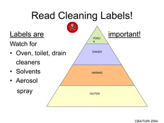 CBA/TURI 2004
Read Cleaning Labels!
Labels are important!
Watch for
• Oven, toilet, drain
cleaners
• Solvents
• Aerosol
sp...
