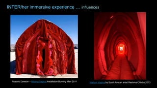 INTER/her immersive experience … influences
Rosario Dawson – Misting Vagina Installation Burning Man 2011 Walk-in Vagina by South African artist Reshma Chhiba 2013
 