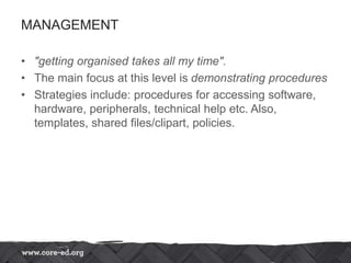 MANAGEMENT
• "getting organised takes all my time".
• The main focus at this level is demonstrating procedures
• Strategies include: procedures for accessing software,
hardware, peripherals, technical help etc. Also,
templates, shared files/clipart, policies.
 