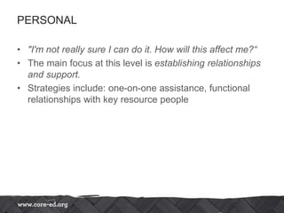 PERSONAL
• "I'm not really sure I can do it. How will this affect me?“
• The main focus at this level is establishing relationships
and support.
• Strategies include: one-on-one assistance, functional
relationships with key resource people
 