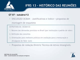 IFRS 13 – HISTÓRICO DAS REUNIÕES
GT 07 – outubro/12
• DISCUSSÃO OCBAN – Justificativas e índice + propostas de
montagem de esqueleto
ESTRUTURA DA OCBAN 03
1. Resumo das demandas previstas no Brasil (por instituição e padrão de valor)
2. Definição dos conceitos
3. Orientações para melhores práticas em avaliação para a mensuração e
divulgação do Valor Justo
• Propostas de redação Diretriz Técnica de Ativos Intangíveis.
DIRETORIA DE AVALIAÇÕES
CBAN – Comitê Brasileiro de Avaliação de Negócios
 
