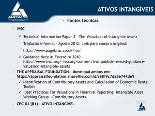 ATIVOS INTANGÍVEIS
- Fontes técnicas
- IVSC
 Technical Information Paper 3 – The Valuation of Intangible Assets –
Tradução informal - Agosto 2012. Link para compra original:
http://www.pagebros.co.uk/ivs/
 Guidance Note 4: Fevereiro 2010.
http://www.ivsc.org/~ivscorg/content/ivsc-publish-revised-guidance-
valuation-intangible-assets
- THE APPRAISAL FOUNDATION – download ambos em:
https://appraisalfoundation.sharefile.com/d/s80f9c7da9e744de9
 Identification of Contributory Assets and Calculation of Economic Rents:
Toolkit
 Best Practices For Valuations In Financial Reporting: Intangible Asset
Working Group – Contributory Assets.
- CPC 04 (R1) - ATIVO INTANGÍVEL
 