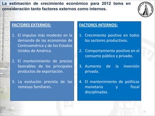 FACTORES EXTERNOS:
1. El impulso más modesto en la
demanda de las economías de
Centroamérica y de los Estados
Unidos de América.
2. El mantenimiento de precios
favorables de los principales
productos de exportación.
3. La evolución prevista de las
remesas familiares.
FACTORES INTERNOS:
1. Crecimiento positivo en todos
los sectores productivos.
2. Comportamiento positivo en el
consumo público y privado.
3. Aumento de la inversión
privada.
4. El mantenimiento de políticas
monetaria y fiscal
disciplinadas.
La estimación de crecimiento económico para 2012 toma en
consideración tanto factores externos como internos.
25
 