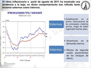 32
El ritmo inflacionario a partir de agosto de 2011 ha mostrado una
tendencia a la baja, en dicho comportamiento han influido tanto
factores externos como internos.
• Estabilización en el
precio internacional de
las principales materias
primas, luego de haber
registrado fuertes alzas.
Externos
• Dinamismo en la
demanda interna.
• Efectos de segunda
vuelta provenientes
de los choques de
oferta.
Internos
 