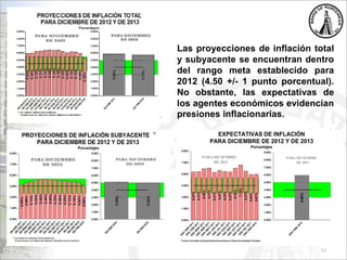 33
Las proyecciones de inflación total
y subyacente se encuentran dentro
del rango meta establecido para
2012 (4.50 +/- 1 punto porcentual).
No obstante, las expectativas de
los agentes económicos evidencian
presiones inflacionarias.
EXPECTATIVAS DE INFLACIÓN
PARA DICIEMBRE DE 2012 Y DE 2013
Porcentajes
Fuente: Encuesta de Expectativas Económicas al Panel de Analistas Privados.
6.27%
6.31%
6.69%
6.77%
6.21%
6.47%
6.33%
6.27%
6.76%
7.18%
6.37%
5.94%
5.97%
EN
C
EN
E
2011
EN
C
FEB
2011
EN
C
M
A
R
2011
EN
C
A
B
R
2011
EN
C
M
A
Y
2011
EN
C
JU
N
2011
EN
C
JU
L
2011
EN
C
A
G
O
2011
EN
C
SEP
2011
EN
C
O
C
T
2011
EN
C
N
O
V
2011
EN
C
D
IC
2011
EN
C
EN
E
2012
0.00%
1.50%
3.00%
4.50%
6.00%
7.50%
9.00%
PARA DICIEMBRE
DE 2013
PARA DICIEMBRE
DE 2012
5.95%
EN
C
EN
E
2012
0.00%
1.00%
2.00%
3.00%
4.00%
5.00%
6.00%
7.00%
8.00%
9.00%
 