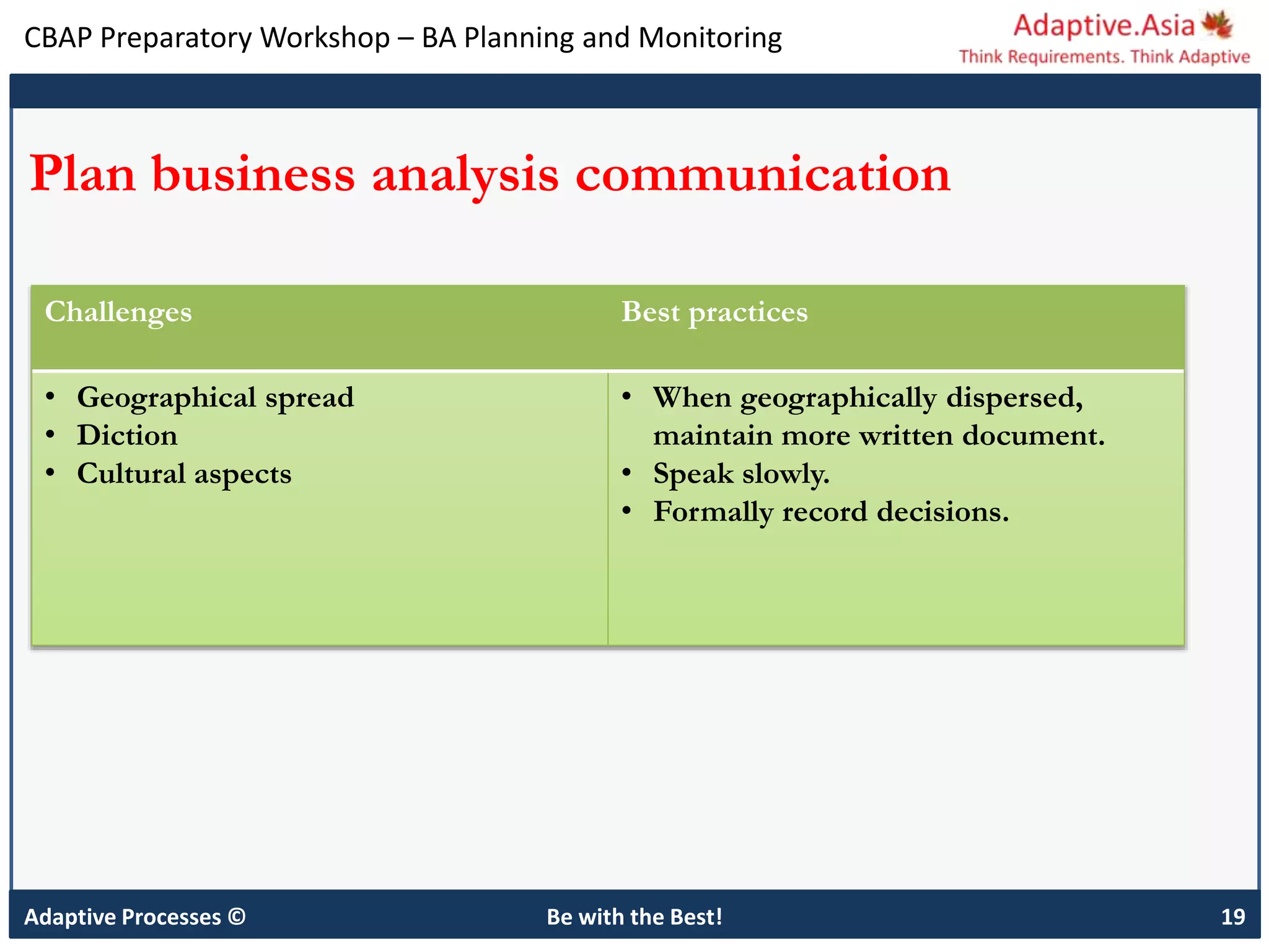 CBAP Preparatory Workshop – BA Planning and Monitoring
Adaptive Processes © Be with the Best! 19
Plan business analysis communication
Challenges Best practices
• Geographical spread
• Diction
• Cultural aspects
• When geographically dispersed,
maintain more written document.
• Speak slowly.
• Formally record decisions.
 