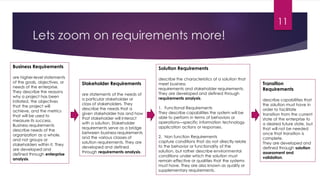 Lets zoom on requirements more!
Business Requirements
are higher-level statements
of the goals, objectives, or
needs of the enterprise.
They describe the reasons
why a project has been
initiated, the objectives
that the project will
achieve, and the metrics
that will be used to
measure its success.
Business requirements
describe needs of the
organization as a whole,
and not groups or
stakeholders within it. They
are developed and
defined through enterprise
analysis.
Stakeholder Requirements
are statements of the needs of
a particular stakeholder or
class of stakeholders. They
describe the needs that a
given stakeholder has and how
that stakeholder will interact
with a solution. Stakeholder
requirements serve as a bridge
between business requirements
and the various classes of
solution requirements. They are
developed and defined
through requirements analysis.
Solution Requirements
describe the characteristics of a solution that
meet business
requirements and stakeholder requirements.
They are developed and defined through
requirements analysis.
1. Functional Requirements
They describe capabilities the system will be
able to perform in terms of behaviors or
operations—specific information technology
application actions or responses.
2. Non function Requirements
capture conditions that do not directly relate
to the behavior or functionality of the
solution, but rather describe environmental
conditions under which the solution must
remain effective or qualities that the systems
must have. They are also known as quality or
supplementary requirements.
Transition
Requirements
describe capabilities that
the solution must have in
order to facilitate
transition from the current
state of the enterprise to
a desired future state, but
that will not be needed
once that transition is
complete.
They are developed and
defined through solution
assessment and
validation.
11
 