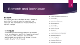 Elements and Techniques
Elements
The format and structure of this section is unique to
each task. The elements section describes key
concepts that are needed to understand how to
perform the task.
Techniques
Each task contains a listing of relevant techniques.
Some techniques are specific to the performance of
a single task, while others are relevant to the
performance of a large number of tasks (and are
listed in Chapter 9: Techniques).
13
 