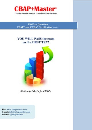 CBAP+Master                                          ®

            Certified Business Analysis Professional Prep Questions




                     150 Free Questions
              CBAP and CCBA® Certification version 1.1
                       ®




               YOU WILL PASS the exam
                 on the FIRST TRY!




                   Written by CBAPs for CBAPs




Site: www.cbapmaster.com
E-mail: info@cbapmaster.com
Twitter: @cbapmaster
 