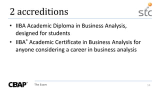 The Exam 14
2 accreditions
• IIBA Academic Diploma in Business Analysis,
designed for students
• IIBA® Academic Certificate in Business Analysis for
anyone considering a career in business analysis
 