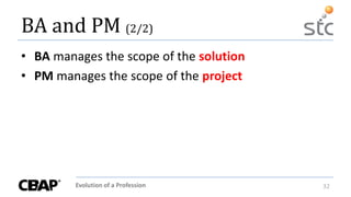 Evolution of a Profession 32
BA and PM (2/2)
• BA manages the scope of the solution
• PM manages the scope of the project
 