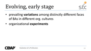 Evolution of a Profession 34
Evolving, early stage
• prevailing variations among distinctly different faces
of BAs in different org. cultures
• organizational experiments
 