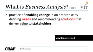 The Profession 47
What is Business Analysis? (1/5)
• practice of enabling change in an enterprise by
defining needs and recommending solutions that
deliver value to stakeholders
why it is performed
 