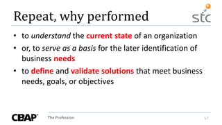 The Profession 57
Repeat, why performed
• to understand the current state of an organization
• or, to serve as a basis for the later identification of
business needs
• to define and validate solutions that meet business
needs, goals, or objectives
 