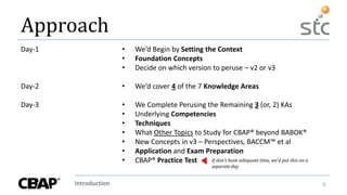 Introduction 6
Approach
• We’d Begin by Setting the Context
• Foundation Concepts
• Decide on which version to peruse – v2 or v3
• We’d cover 4 of the 7 Knowledge Areas
• We Complete Perusing the Remaining 3 (or, 2) KAs
• Underlying Competencies
• Techniques
• What Other Topics to Study for CBAP® beyond BABOK®
• New Concepts in v3 – Perspectives, BACCM™ et al
• Application and Exam Preparation
• CBAP® Practice Test
Day-1
Day-2
Day-3
If don’t have adequate time, we’d put this on a
separate day
 