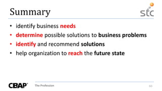 The Profession 60
Summary
• identify business needs
• determine possible solutions to business problems
• identify and recommend solutions
• help organization to reach the future state
 