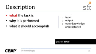Key Terminologies 75
Description
• what the task is
• why it is performed
• what it should accomplish
greater detail
o input
o output
o other knowledge
areas affected
 