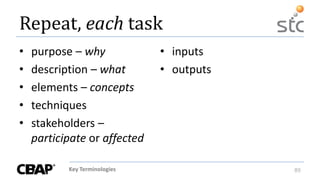 Key Terminologies 89
Repeat, each task
• purpose – why
• description – what
• elements – concepts
• techniques
• stakeholders –
participate or affected
• inputs
• outputs
 