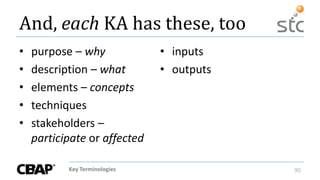 Key Terminologies 90
And, each KA has these, too
• purpose – why
• description – what
• elements – concepts
• techniques
• stakeholders –
participate or affected
• inputs
• outputs
 