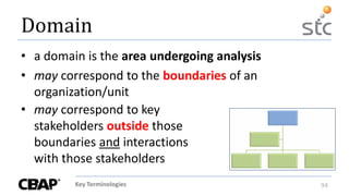 Key Terminologies 94
Domain
• a domain is the area undergoing analysis
• may correspond to the boundaries of an
organization/unit
• may correspond to key
stakeholders outside those
boundaries and interactions
with those stakeholders
 