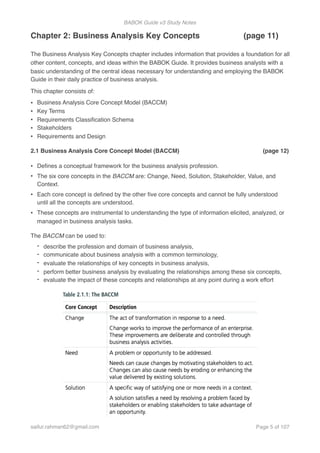 BABOK Guide v3 Study Notes
Chapter 2: Business Analysis Key Concepts (page 11)
The Business Analysis Key Concepts chapter includes information that provides a foundation for all
other content, concepts, and ideas within the BABOK Guide. It provides business analysts with a
basic understanding of the central ideas necessary for understanding and employing the BABOK
Guide in their daily practice of business analysis.
This chapter consists of:
• Business Analysis Core Concept Model (BACCM)
• Key Terms
• Requirements Classiﬁcation Schema
• Stakeholders
• Requirements and Design
2.1 Business Analysis Core Concept Model (BACCM) (page 12)
• Deﬁnes a conceptual framework for the business analysis profession.
• The six core concepts in the BACCM are: Change, Need, Solution, Stakeholder, Value, and
Context.
• Each core concept is deﬁned by the other ﬁve core concepts and cannot be fully understood
until all the concepts are understood.
• These concepts are instrumental to understanding the type of information elicited, analyzed, or
managed in business analysis tasks.
The BACCM can be used to:
- describe the profession and domain of business analysis,
- communicate about business analysis with a common terminology,
- evaluate the relationships of key concepts in business analysis,
- perform better business analysis by evaluating the relationships among these six concepts,
- evaluate the impact of these concepts and relationships at any point during a work effort  
saifur.rahman62@gmail.com Page of5 107
 