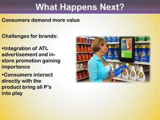 What Happens Next?
Consumers demand more value


Challenges for brands:

Integration of ATL
advertisement and in-
store promotion gaining
importance
Consumers interact
directly with the
product bring all P’s
into play
 