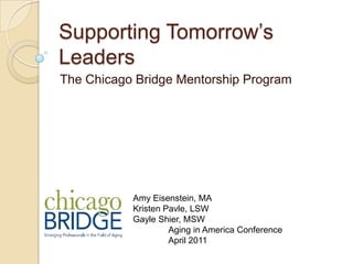 Supporting Tomorrow’s Leaders The Chicago Bridge Mentorship Program Amy Eisenstein, MA Kristen Pavle, LSW Gayle Shier, MSW 	Aging in America Conference 	April 2011 