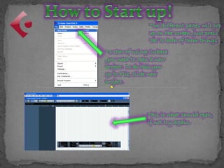 To star of using Cubase
you need to open a new
project. To do this you
go to File, click new
project.
Two different pages will pop
up on the screen, just press
‘ok’ to both of them things
This is what should open,
if not try again.
 