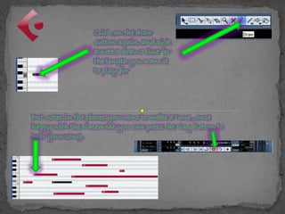 Click on the draw
button again, and pick
a note a draw a line for
the length you want it
to play for
Put notes in the places you want to make a tune , once
happy with the placement you can press the play button to
hear your song.
 
