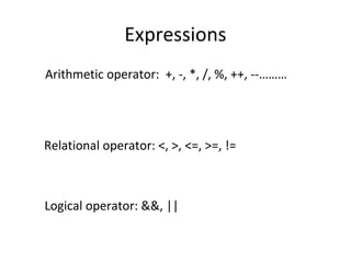 Expressions 
Arithmetic operator: +, -, *, /, %, ++, --……… 
Relational operator: <, >, <=, >=, != 
Logical operator: &&, || 
 