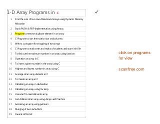 1-D Array Programs in c 
1. Find the sum of two one-dimensional arrays using Dynamic Memory 
Allocation 
2. Stack PUSH & POP Implementation using Arrays 
3. Program to remove duplicate element in an array 
4. C Program to sort the matrix rows and columns 
5. Write a c program for swapping of two arrays 
6. C Program to read name and marks of students and store it in file 
7. To find out the maximum number in an array using function 
8. Operation on array in C 
9. To insert a given number in the array using C 
10. Highest and lowest number in array using C 
11. Average of an array element in C 
12. To Create an array in C 
13. Initializing an array in declaration 
14. Initializing an array using for loop 
15. Use scanf to read data into array 
16. Get Address of an array using Arrays and Pointers 
17. Accessing an array using pointers 
18. Merging of two sorted lists 
19. Inverse of the list 
click on programs 
for view 
scanftree.com 
Digitally signed by ankits-PCankits 
DN: cn=ankits-PCankits 
Date: 2014.09.26 16:51:42 +05'30' 
 