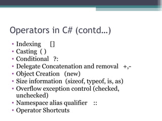 Operators in C# (contd…) Indexing  [] Casting  ( ) Conditional  ?: Delegate Concatenation and removal  +,- Object Creation  (new) Size information  (sizeof, typeof, is, as) Overflow exception control (checked, unchecked) Namespace alias qualifier  :: Operator Shortcuts 