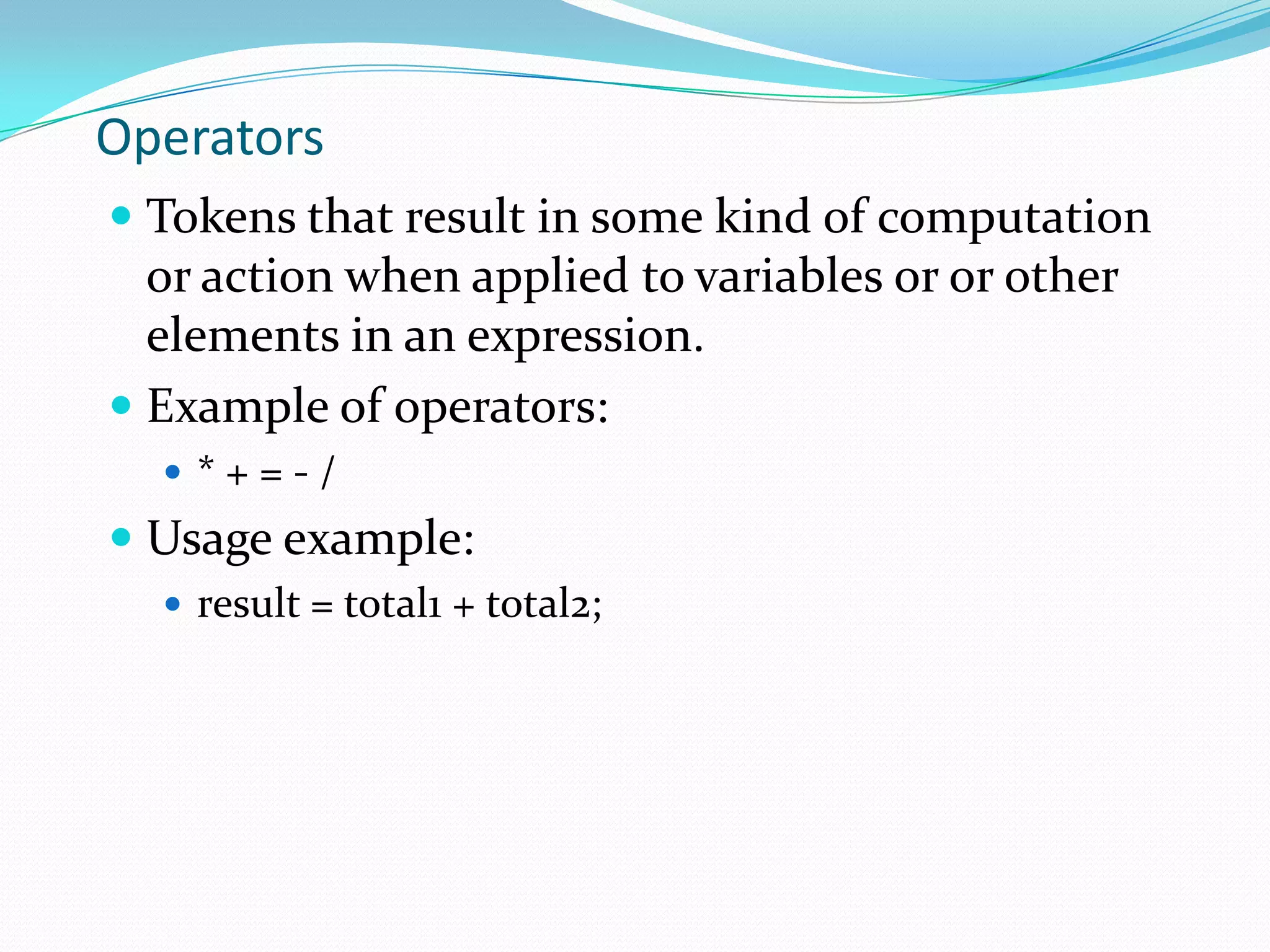 Character constantsA character enclosed in a single quotation markExample:const char letter = ‘n’;const char number = ‘1’;printf(“%c”, ‘S’);Output would be: SEnumerationValues are given as a listExample: