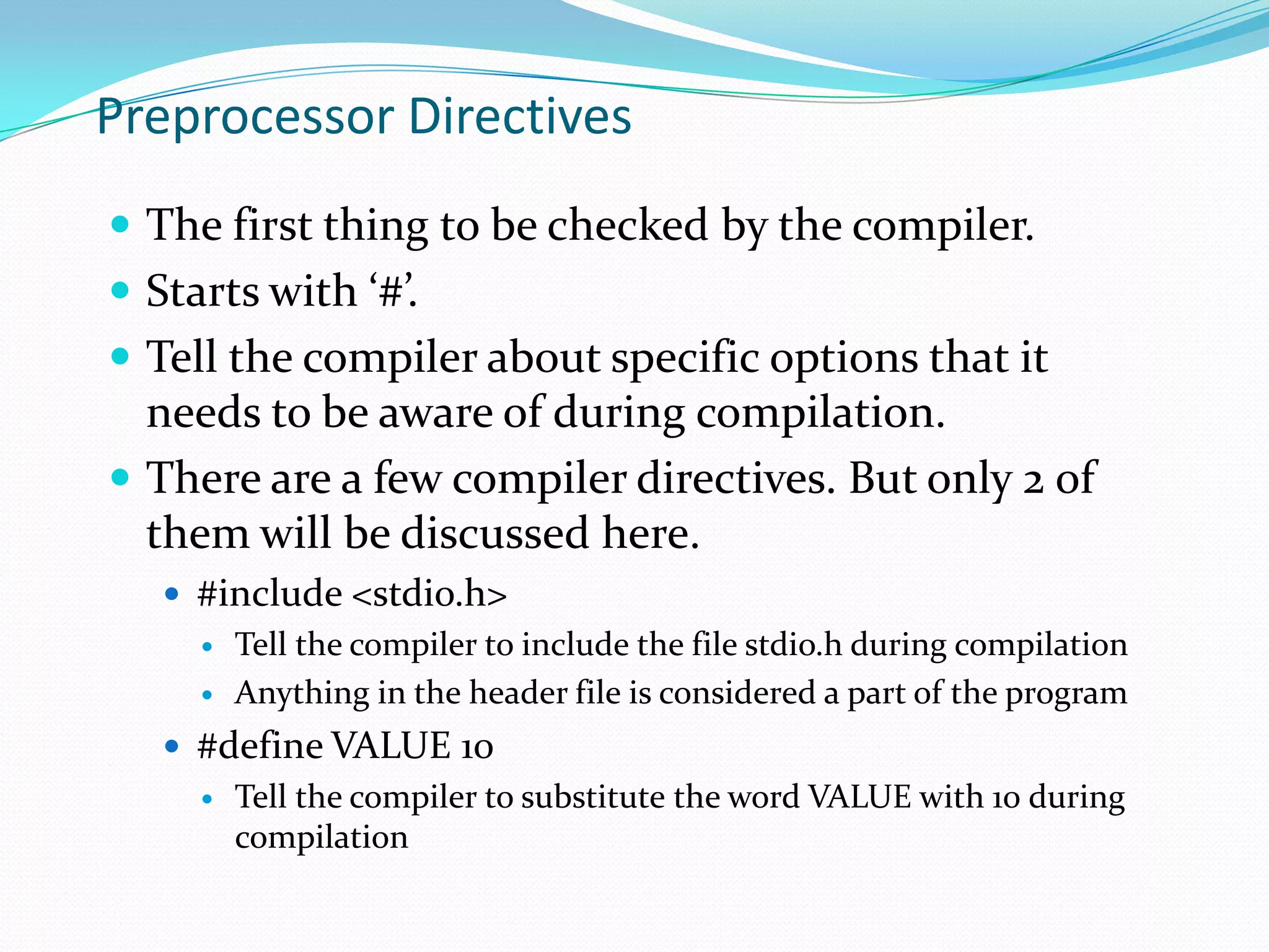 OperatorsTokens that result in some kind of computation or action when applied to variables or or other elements in an expression.Example of operators:* + = - /Usage example:result = total1 + total2;