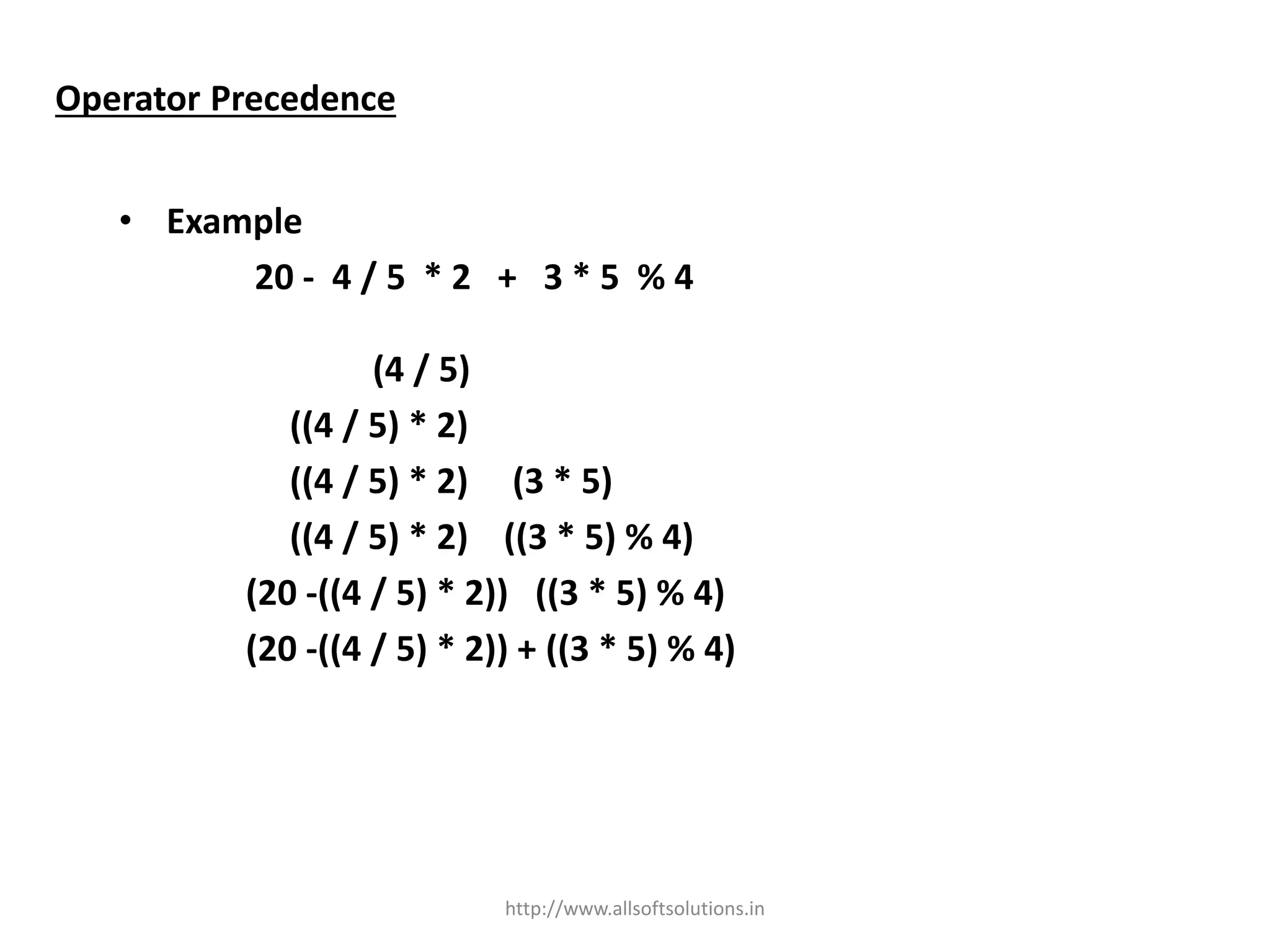 Operator Precedence
• Example
20 - 4 / 5 * 2 + 3 * 5 % 4
(4 / 5)
((4 / 5) * 2)
((4 / 5) * 2) (3 * 5)
((4 / 5) * 2) ((3 * 5) % 4)
(20 -((4 / 5) * 2)) ((3 * 5) % 4)
(20 -((4 / 5) * 2)) + ((3 * 5) % 4)
http://www.allsoftsolutions.in
 