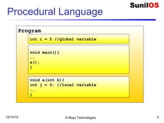 10/14/16 © Rays Technologies 4
Program
Procedural Language
int i = 5 //global variable
void main(){
..
a();
}
void a(int k){
int j = 0; //local variable
..
}
 