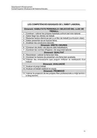 Departament d'Ensenyament
Consell Superior d'Avaluació del Sistema Educatiu




                     LES COMPETÈNCIES BÀSIQUES DE L’ÀMBIT LABORAL

                 Dimensió: HABILITATS PERSONALS I SELECCIÓ DEL LLOC DE
                                                TREBALL
                1 Conèixer i valorar les pròpies habilitats enfront del món laboral.
                2 Saber llegir les ofertes de treball.
                3 Redactar textos oferint-se per a un lloc de treball (currículum vitae).
                4 Saber presentar-se en buscar feina.
                5 Analitzar les condicions laborals.
                                    Dimensió: DRETS I DEURES
                6 Conèixer els drets i els deures dels treballadors.
                7 Conèixer les normes d'higiene i de seguretat laboral.
                                         Dimensió: QUALITAT
                8 Reconèixer i valorar la feina ben feta.
                9 Conèixer la manera de presentar una feina ben acabada.
               10 Valorar les innovacions que puguin millorar la realització d'un
                   treball.
                                       Dimensió: AVALUACIÓ
               11 Avaluar el propi treball.
               12 Avaluar el treball realitzat en equip.
                                        Dimensió: PROMOCIÓ
               13 Valorar la projecció de les pròpies fites professionals a mitjà termini i
                   a llarg termini.




                                                                                         41
 