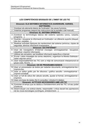 Departament d'Ensenyament
Consell Superior d'Avaluació del Sistema Educatiu




            LES COMPETÈNCIES BÀSIQUES DE L’ÀMBIT DE LES TIC

        Dimensió: ELS SISTEMES INFORMÀTICS (HARDWARE, XARXES,
                                      SOFTWARE)
1    Conèixer els elements bàsics de l'ordinador i les seves funcions.
2    Instal·lar programes (seguint les instruccions de la pantalla o del manual).
                          Dimensió: EL SISTEMA OPERATIU
3    Conèixer la terminologia bàsica del sistema operatiu (arxiu, carpeta,
     programa…).
4    Guardar i recuperar la informació en l'ordinador i en diferents suports (disquet,
     disc dur, carpetes…).
5    Realitzar activitats bàsiques de manteniment del sistema (antivirus, còpies de
     seguretat, eliminar informació innecessària…).
                               Dimensió: ÚS D'INTERNET
6    Usar els navegadors d'Internet (navegar, emmagatzemar, recuperar,
     classificar i imprimir informació).
7    Utilitzar els cercadors per localitzar informació específica a Internet.
8    Enviar i rebre missatges de correu electrònic, organitzar la llibreta d'adreces i
     saber adjuntar arxius.
9    Usar responsablement les TIC com a mitjà de comunicació interpersonal en
     grups (xats, fòrums…).
                       Dimensió: ÚS DE PROGRAMES BÀSICS
10   Usar un processador de textos per redactar documents, emmagatzemar-los i
     imprimir-los.
11   Usar un editor gràfic per fer dibuixos i gràfics senzills i emmagatzemar i
     imprimir el treball.
12   Usar un full de càlcul (fer càlculs senzills, ajustar el format, emmagatzemar i
     imprimir).
13   Usar una base de dades (fer-hi consultes i introduir-hi dades).
                 Dimensió: ACTITUDS NECESSÀRIES AMB LES TIC
14   Controlar el temps que es dedica a l'entreteniment amb les TIC i el seu poder
     d'addicció.
15   Desenvolupar una actitud oberta, responsable i crítica davant les aportacions
     de les noves tecnologies (continguts, entreteniment…).




                                                                                         49
 