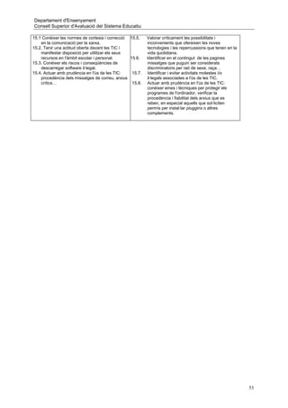 Departament d'Ensenyament
Consell Superior d'Avaluació del Sistema Educatiu

15.1 Conèixer les normes de cortesia i correcció 15.5.    Valorar críticament les possibilitats i
    en la comunicació per la xarxa.                       inconvenients que ofereixen les noves
15.2. Tenir una actitud oberta davant les TIC i           tecnologies i les repercussions que tenen en la
    manifestar disposició per utilitzar els seus          vida quotidiana.
    recursos en l'àmbit escolar i personal.      15.6.    Identificar en el contingut de les pagines
15.3. Conèixer els riscos i conseqüències de              missatges que puguin ser considerats
    descarregar software il·legal.                        discriminatoris per raó de sexe, raça…
15.4. Actuar amb prudència en l'ús de les TIC:    15.7.   Identificar i evitar activitats molestes i/o
    procedència dels missatges de correu, arxius          il·legals associades a l'ús de les TIC.
    crítics…                                      15.8.   Actuar amb prudència en l'ús de les TIC:
                                                          conèixer eines i tècniques per protegir els
                                                          programes de l'ordinador, verificar la
                                                          procedència i fiabilitat dels arxius que es
                                                          reben, en especial aquells que sol·liciten
                                                          permís per instal·lar pluggins o altres
                                                          complements.




                                                                                                            53
 