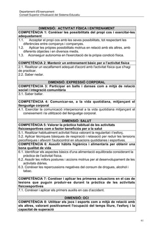 Departament d'Ensenyament
Consell Superior d'Avaluació del Sistema Educatiu




              DIMENSIÓ: ACTIVITAT FÍSICA I ENTRENAMENT
COMPETÈNCIA 1: Conèixer les possibilitats del propi cos i exercitar-les
adequadament
1.1.   Acceptar el propi cos amb les seves possibilitats, tot respectant les
   diferències entre companys i companyes.
1.2.   Aplicar les pròpies possibilitats motrius en relació amb els altres, amb
   diferents objectes i en diversos medis.
1.3. Aconseguir autonomia en l'exercitació de la pròpia condició física.

COMPETÈNCIA 2: Mantenir un entrenament bàsic per a l’activitat física
2.1. Realitzar un escalfament adequat d'acord amb l'activitat física que s'hagi
de practicar.
2.2. Saber nedar.

                     DIMENSIÓ: EXPRESSIÓ CORPORAL
COMPETÈNCIA 3: Participar en balls i danses com a mitjà de relació
social i integració comunitària
3.1. Saber ballar.

COMPETÈNCIA 4: Comunicar-se, a la vida quotidiana, mitjançant el
llenguatge corporal
4.1. Exercitar la comunicació interpersonal a la vida quotidiana mitjançant el
    coneixement i la utilització del llenguatge corporal.

                                   DIMENSIÓ: SALUT
COMPETÈNCIA 5: Valorar la pràctica habitual de les activitats
fisicoesportives com a factor beneficiós per a la salut
5.1. Realitzar habitualment activitat física valorant la regularitat i l’esforç.
5.2. Aplicar tècniques bàsiques de respiració i relaxació per reduir les tensions
psicofísiques i afavorir l'autocontrol en situacions quotidianes i esportives.
COMPETÈNCIA 6: Assolir hàbits higiènics i alimentaris per obtenir una
bona qualitat de vida
6.1. Identificar els aspectes bàsics d'una alimentació equilibrada considerant la
    pràctica de l'activitat física.
6.2. Assolir les millors postures i accions motrius per al desenvolupament de les
    activitats diàries.
6.3. Conèixer les repercussions negatives del consum de drogues, alcohol i
    tabac.

COMPETÈNCIA 7: Conèixer i aplicar les primeres actuacions en el cas de
lesions que puguin produir-se durant la pràctica de les activitats
fisicoesportives
7.1. Conèixer i aplicar els primers auxilis en cas d’accident.

                              DIMENSIÓ: OCI
COMPETÈNCIA 8: Utilitzar els jocs i esports com a mitjà de relació amb
els altres, valorant positivament l'ocupació del temps lliure, l'esforç i la
capacitat de superació


                                                                                    61
 