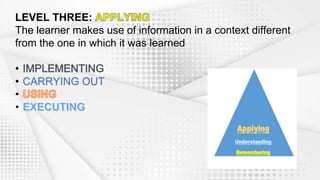 LEVEL THREE:
The learner makes use of information in a context different
from the one in which it was learned
• CARRYING OUT
 