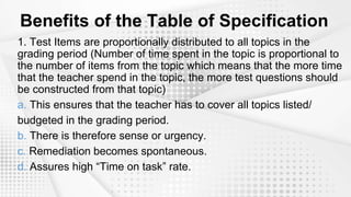 Benefits of the Table of Specification
1. Test Items are proportionally distributed to all topics in the
grading period (Number of time spent in the topic is proportional to
the number of items from the topic which means that the more time
that the teacher spend in the topic, the more test questions should
be constructed from that topic)
a. This ensures that the teacher has to cover all topics listed/
budgeted in the grading period.
b. There is therefore sense or urgency.
c. Remediation becomes spontaneous.
d. Assures high “Time on task” rate.
 