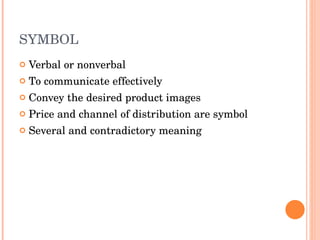 SYMBOL Verbal or nonverbal To communicate effectively Convey the desired product images Price and channel of distribution are symbol Several and contradictory meaning 