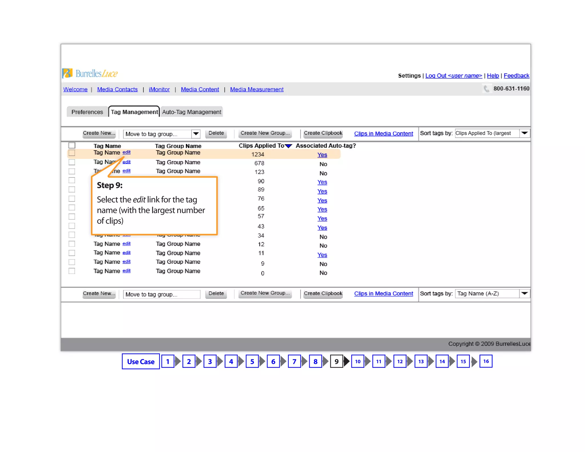 Step 9:
Select the edit link for the tag
name (with the largest number
of clips)
Use Case 1 2 3 4 5 6 7 8 9 10 11 12 13 14 15
Clips Applied To (largest
16
 